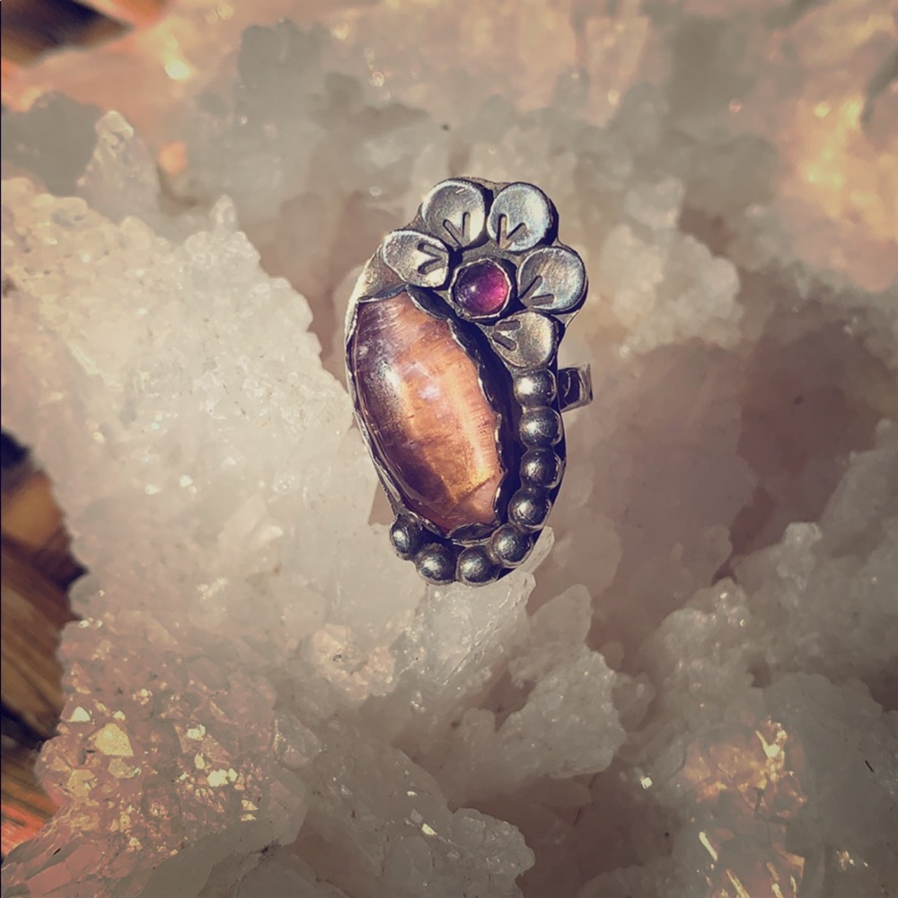 Silver and pink crystal hand made ring